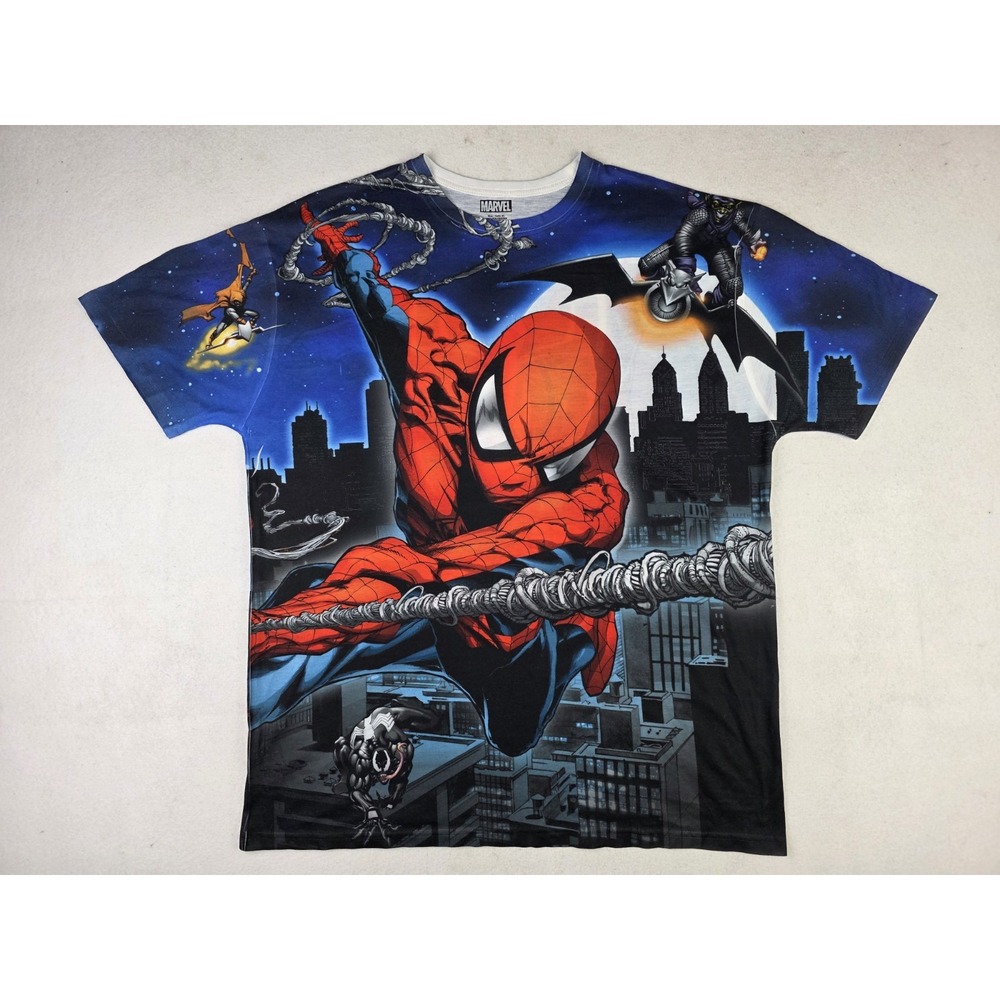 Marvel Spiderman Shirt Mens Size XL Blue Goblin Venom All Over Print AOP‎